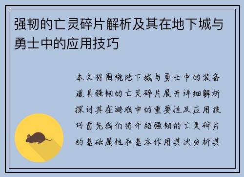 强韧的亡灵碎片解析及其在地下城与勇士中的应用技巧
